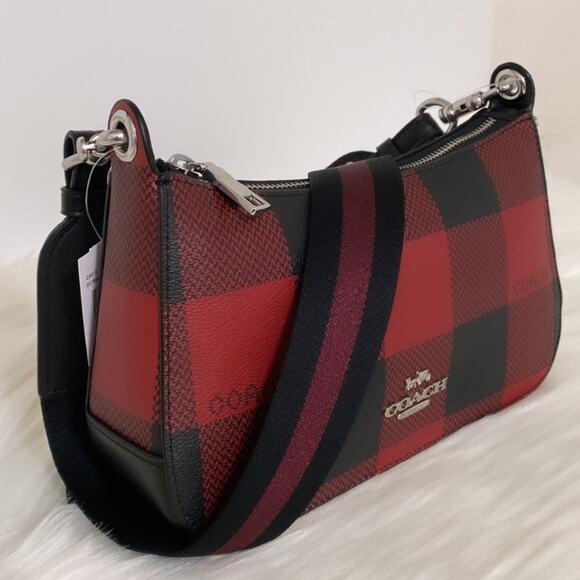 New Coach Jes Baguette With Buffalo Plaid Purse/Coated Canvas/Red-Black - Picture 6 of 12